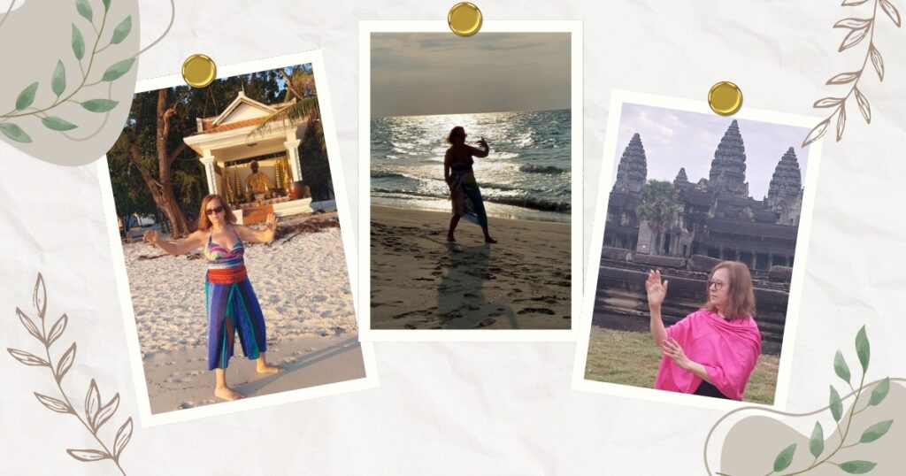 fotografie ženy cvičiacej tai chi na rôznych miestach